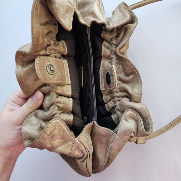 BALLY EUC Tan Gold Suede Leather Pleated Cloud Bag Puffy made In Italy $1,300 - Picture 3 of 9